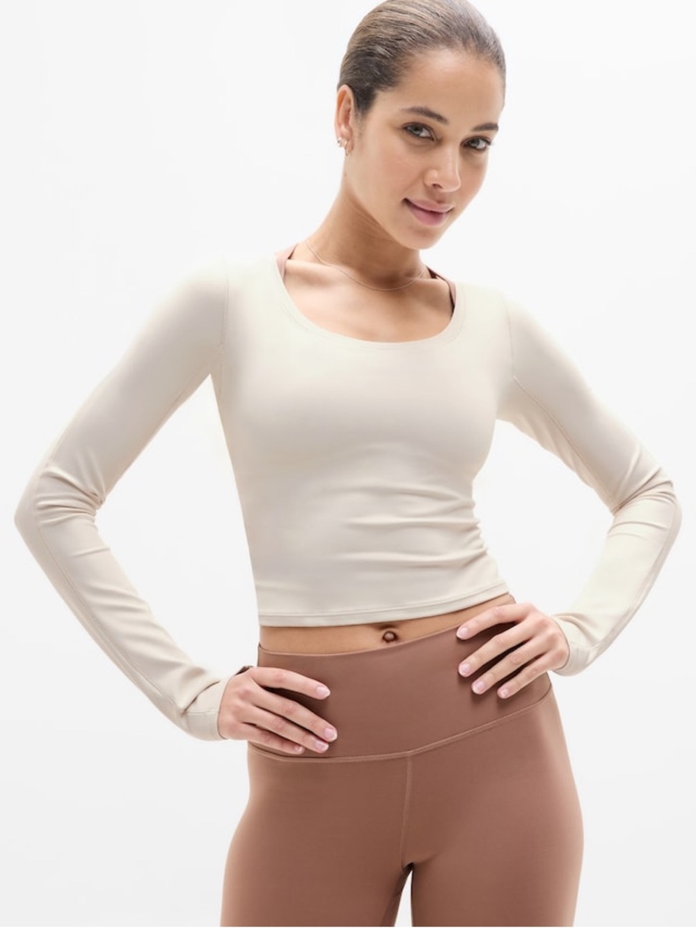 Athleta Cream Long Sleeve Scoop Crop Top